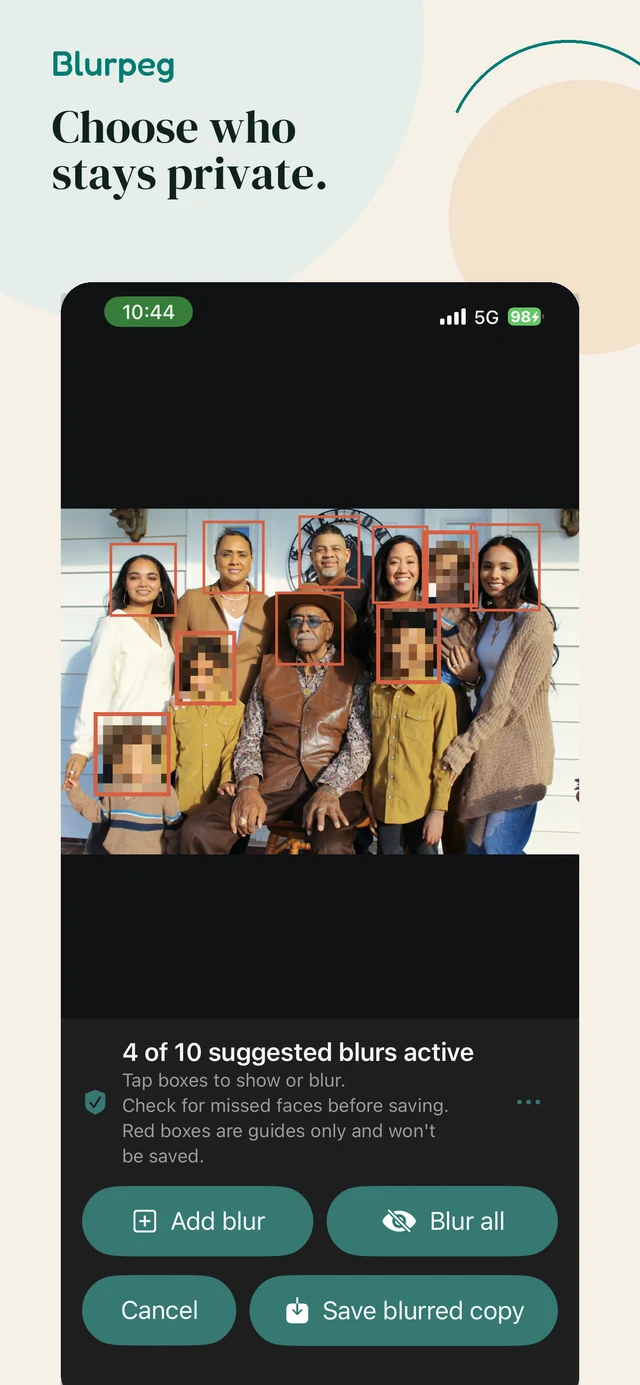 Blurpeg on iPhone showing selected faces blurred in a family photo